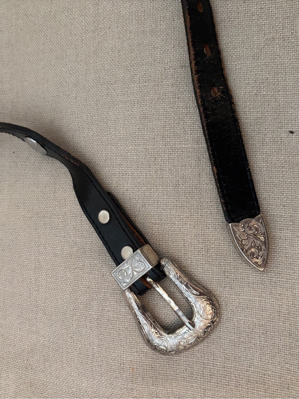 Western Black Leather Belt with Ornate Silver Buckle